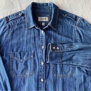 Express Boyfriend Denim Button-Down Shirt - Size S Chambray Western style